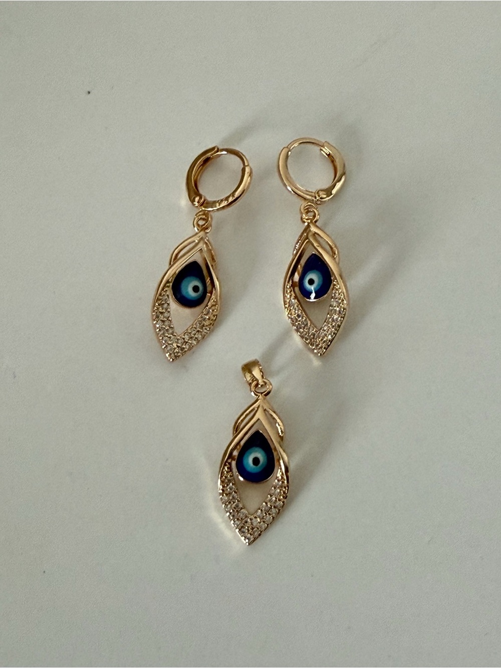 Gold-Tone Evil Eye Drop Earrings & pendant  - Blue gold pave crystals